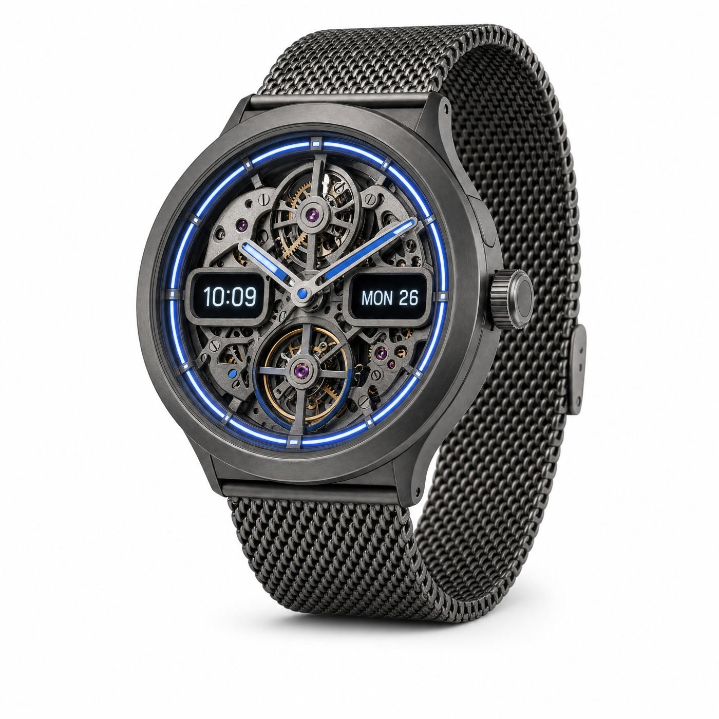 Axis One Hero: dark titanium case, blue light ring, two rectangular sub-displays