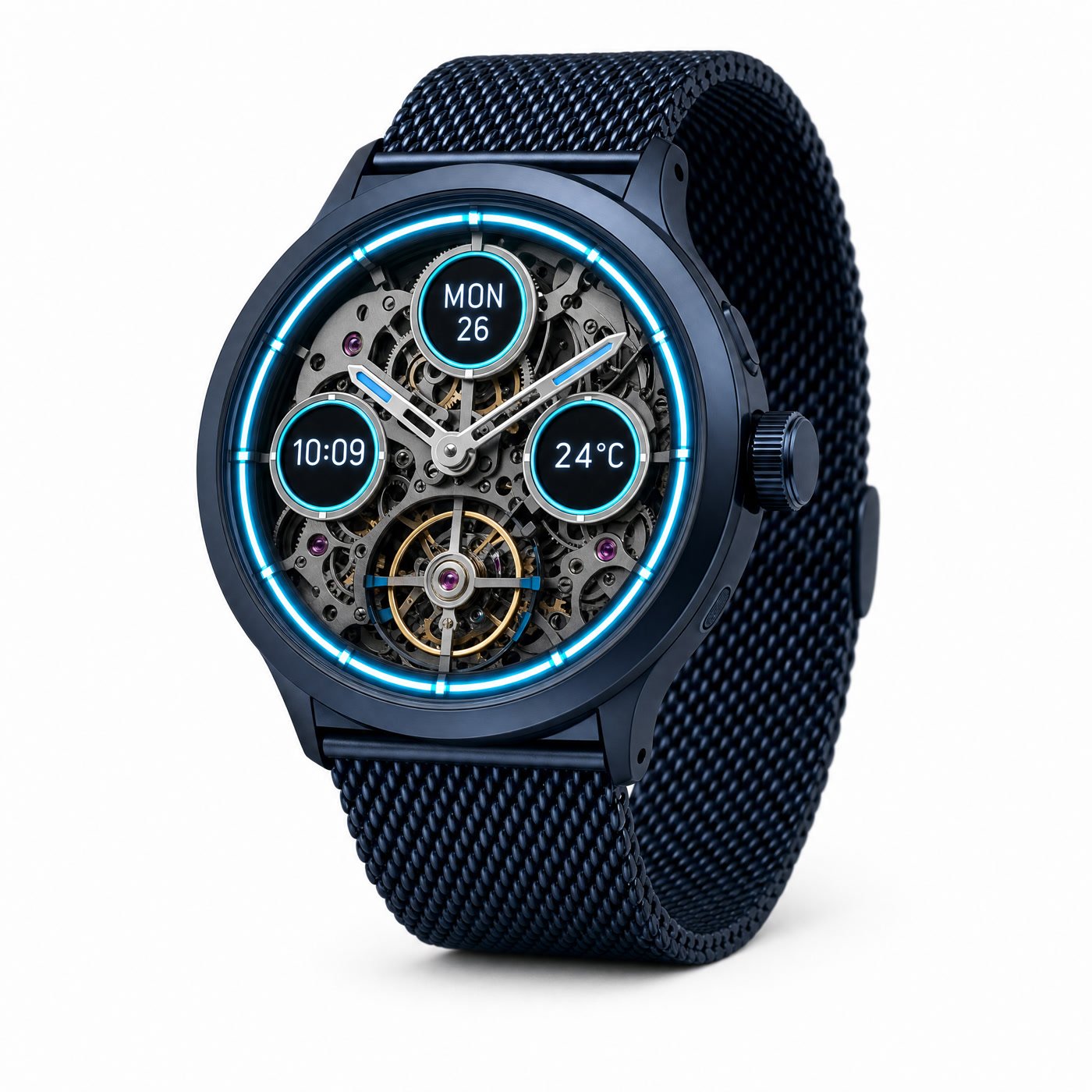 Axis One Midnight: navy titanium case, cyan light ring, three round sub-displays
