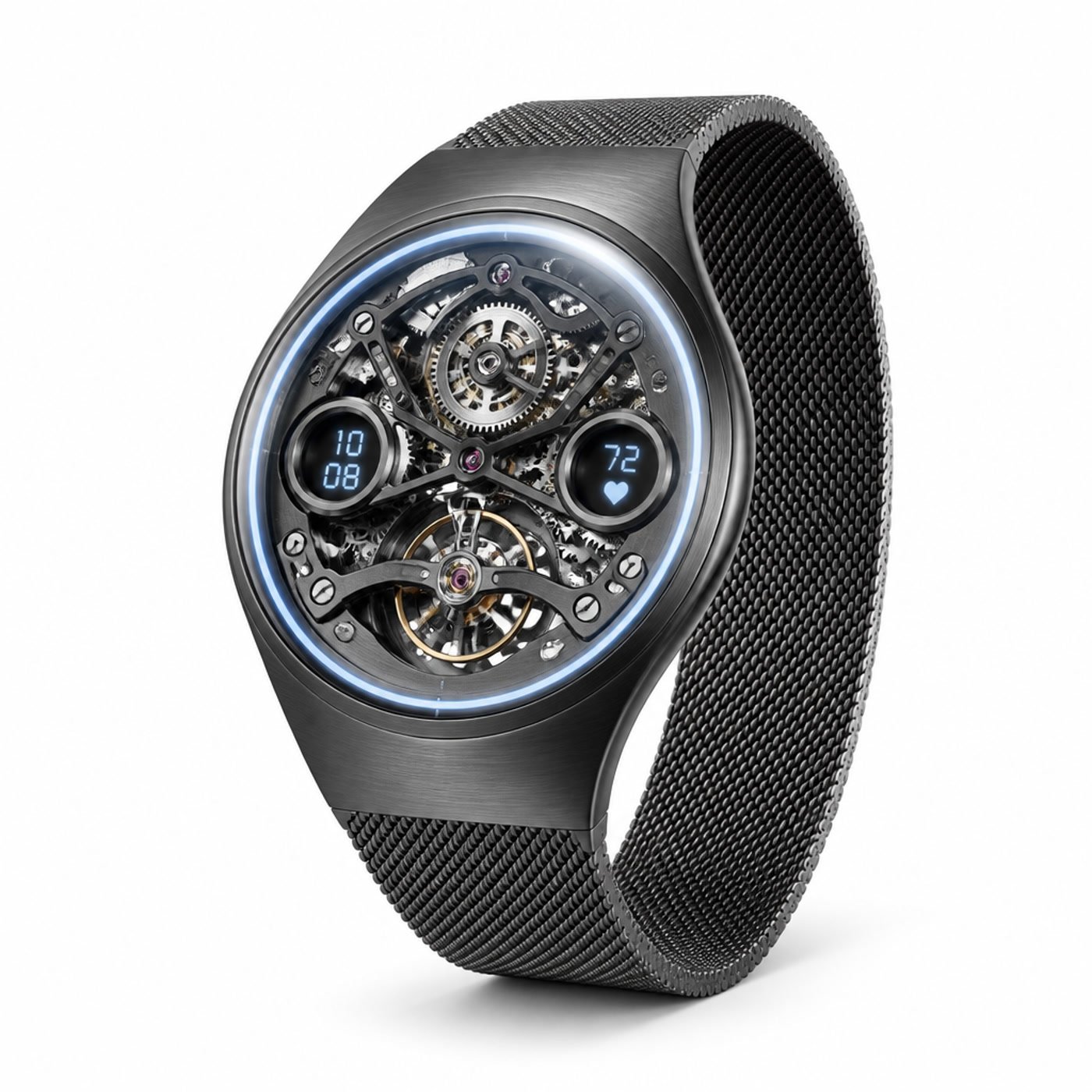 Axis One Orbit: dark titanium case, white light ring, two round sub-displays